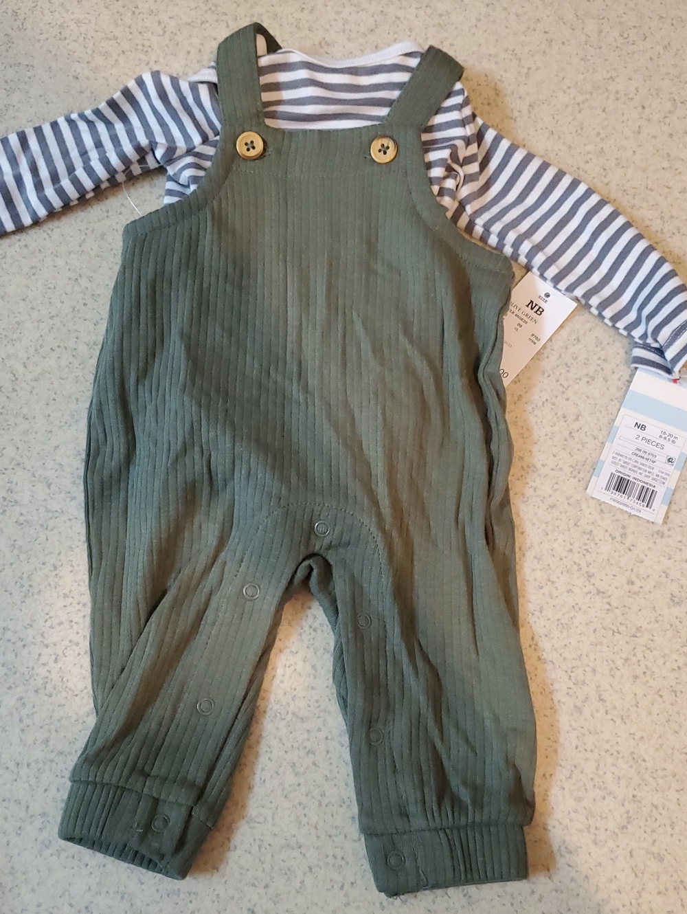 Cat & Jack Olive Ribbed Overalls with Striped Bodysuit